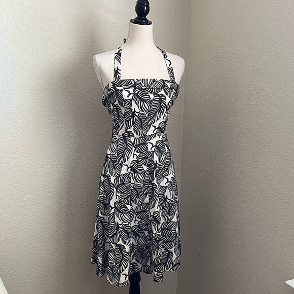 Saks Fifth Avenue Ivory and Brown Leaf Halter A Line Dress 4 - Picture 1 of 8